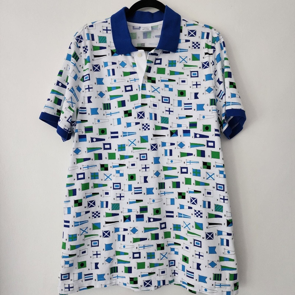 Brooks Brothers Mens XL Slim Fit Nautical Flag Print Polo Shirt White Blue Green